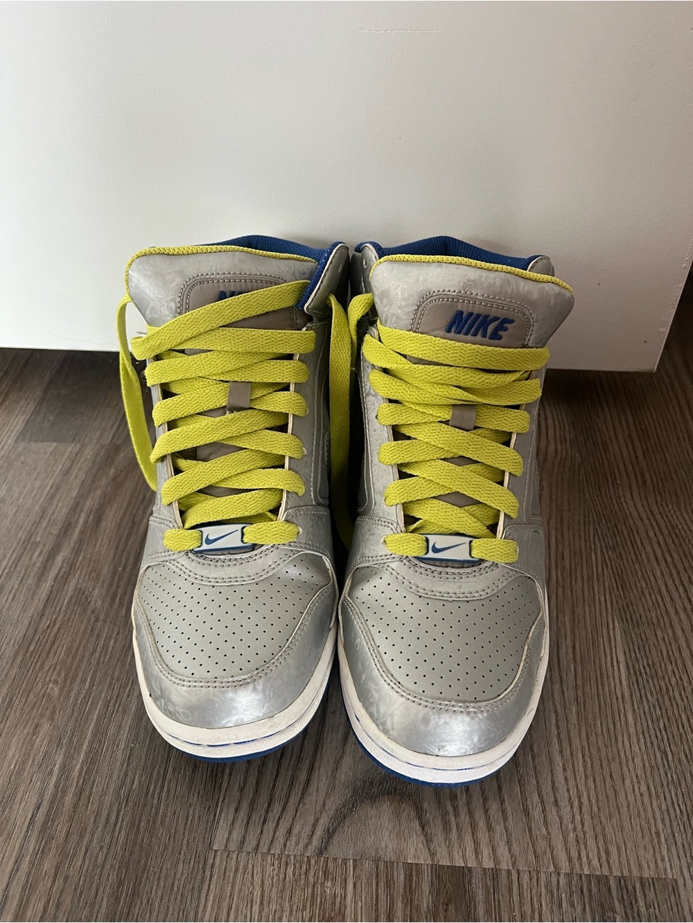 Nike l Silver High-Top Sneakers with Neon Yellow Laces